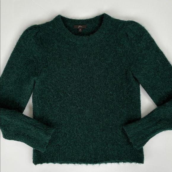 J. Crew Puff Sleeve Fuzzy Crewneck Sweater In Old Forest Alpaca Merino Blend XS - Picture 15 of 17